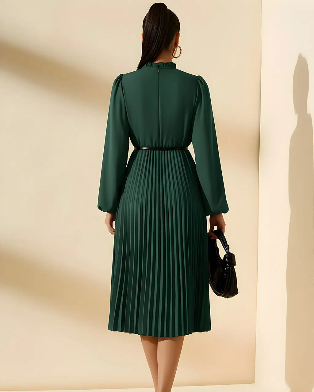 Green Pleated Lantern Sleeve Midi Dress SOLACE
