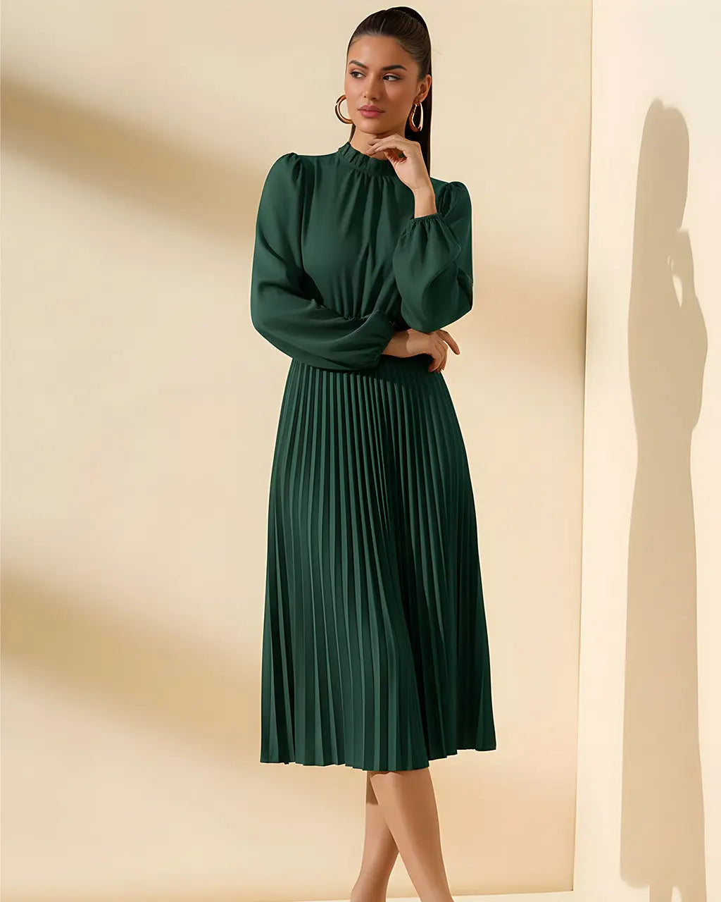 Green Pleated Lantern Sleeve Midi Dress SOLACE
