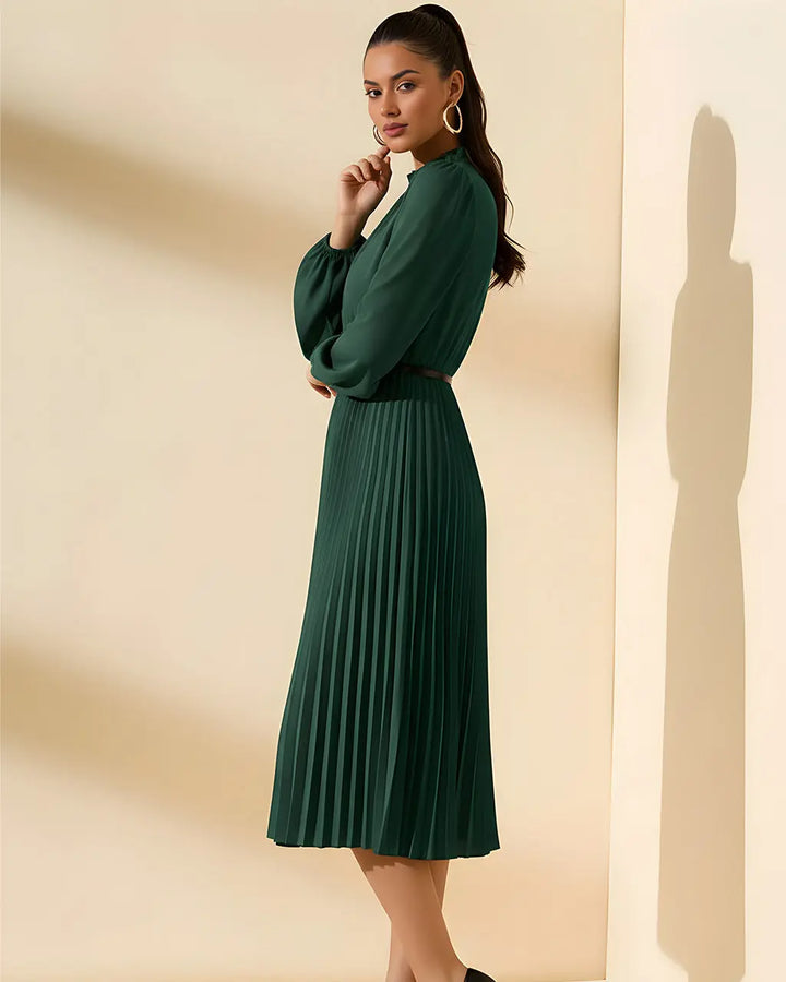 Green Pleated Lantern Sleeve Midi Dress SOLACE
