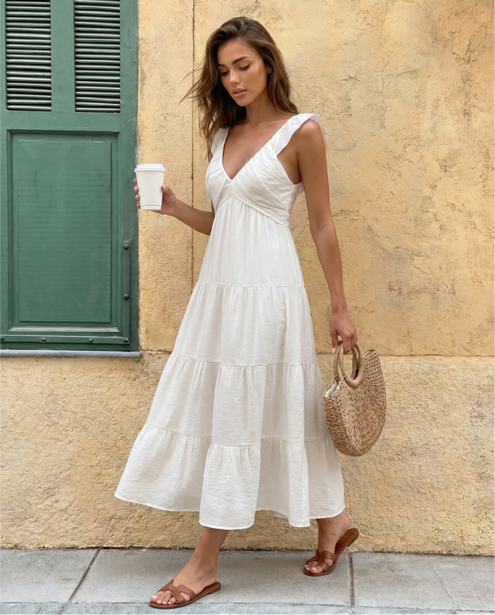 SOLACE  White Ruffle Cap Sleeve V-Neck Tiered Midi Dress 