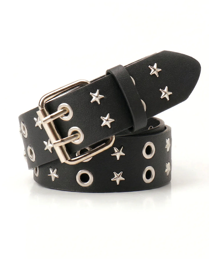 SOLACE  Black Faux Leather Star Studded Double Prong Punk Belt 