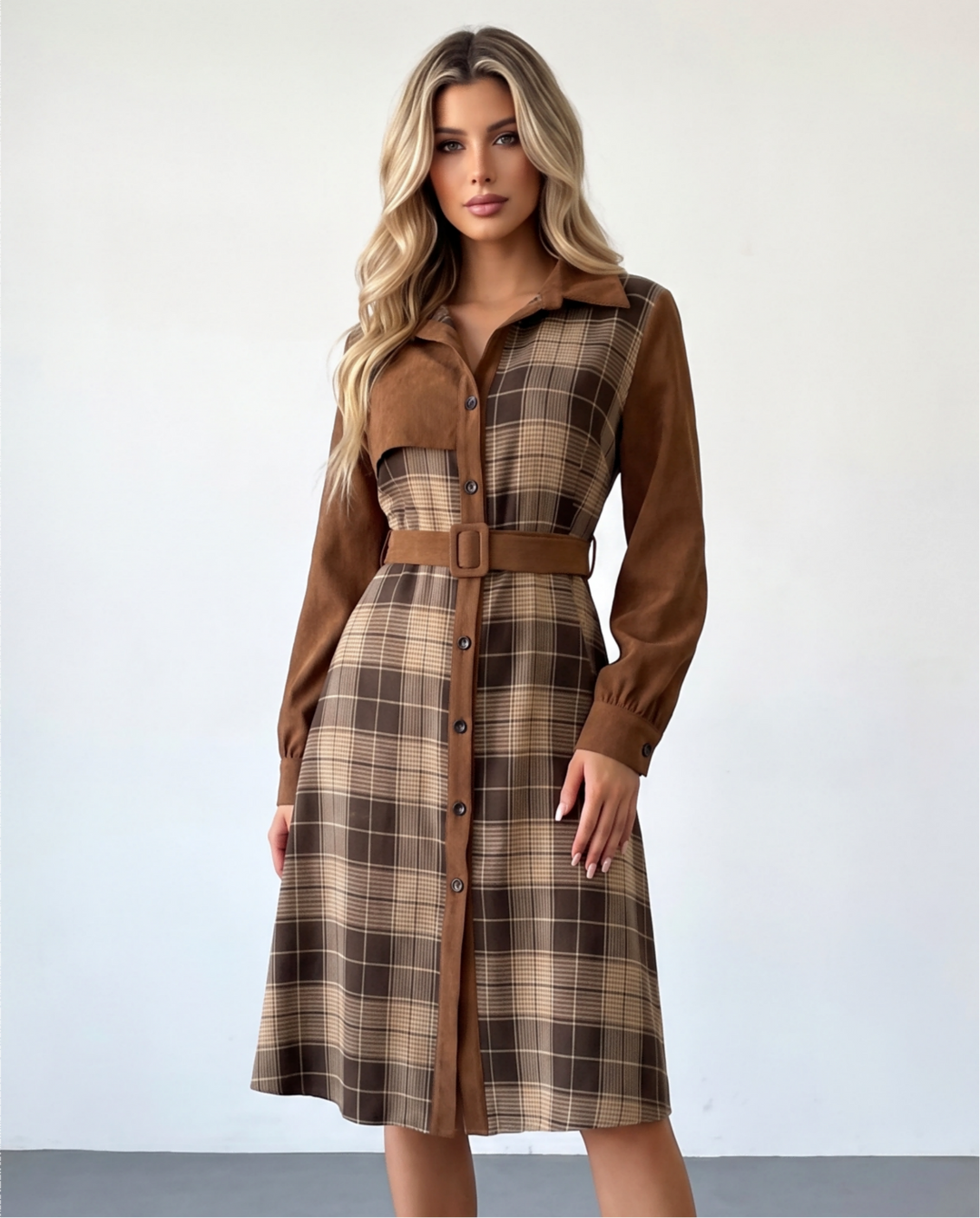 Retro Corduroy Belted A‑Line Dress