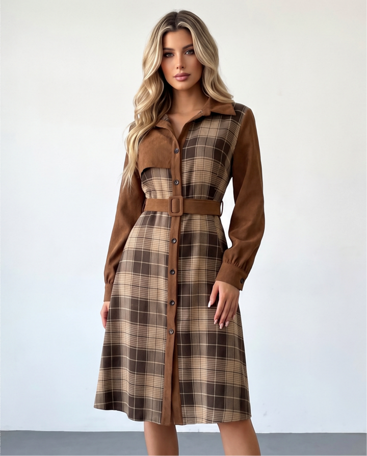 Retro Corduroy Belted A‑Line Dress