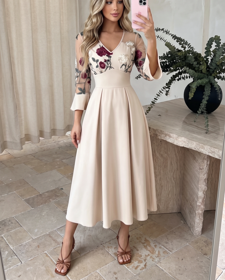 Elegant Floral Embroidered Mesh 3/4 Flare Sleeve Midi Dress