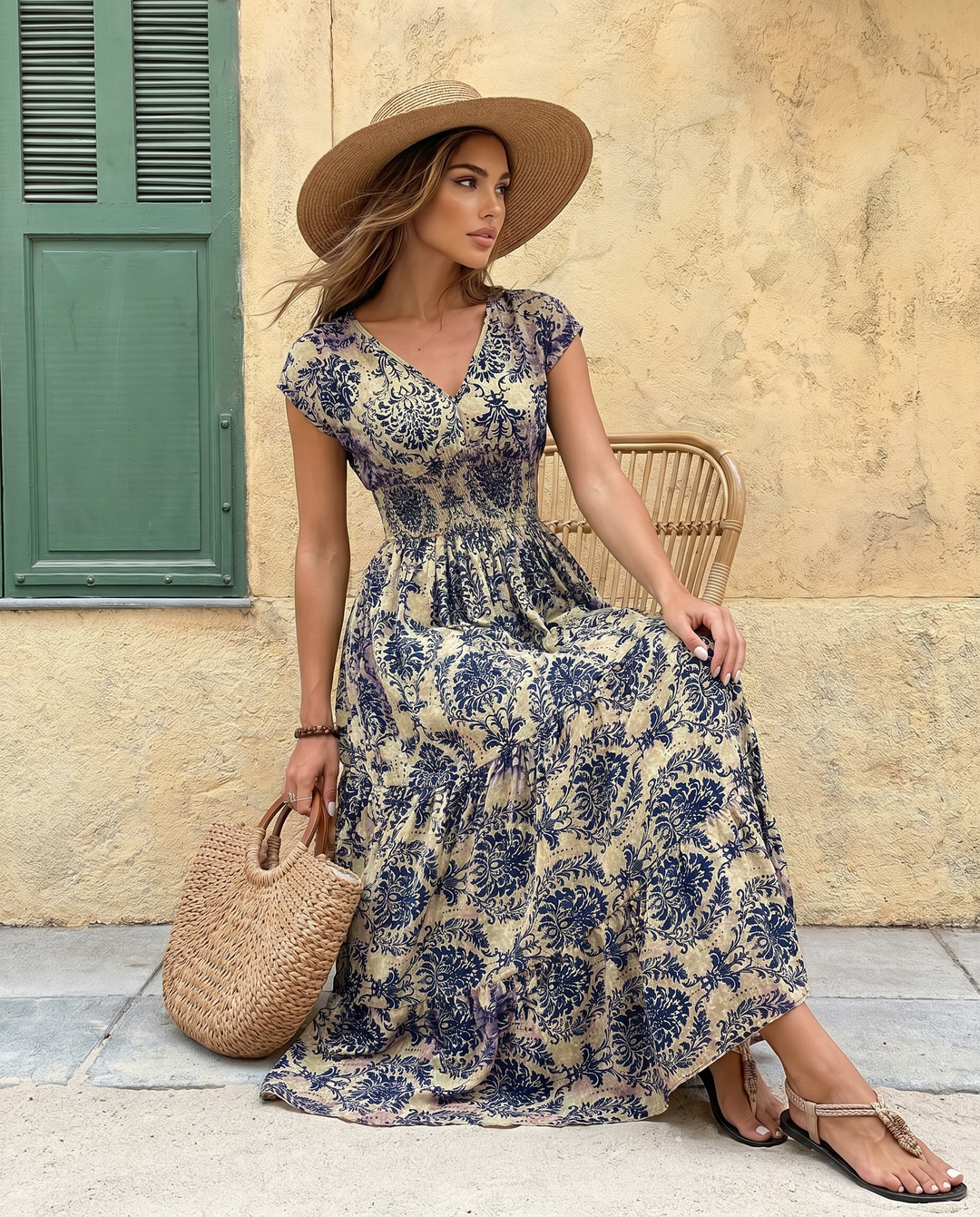 SOLACE  Beige Navy Floral V-Neck Cap Sleeve Smocked Tiered Maxi Dress 
