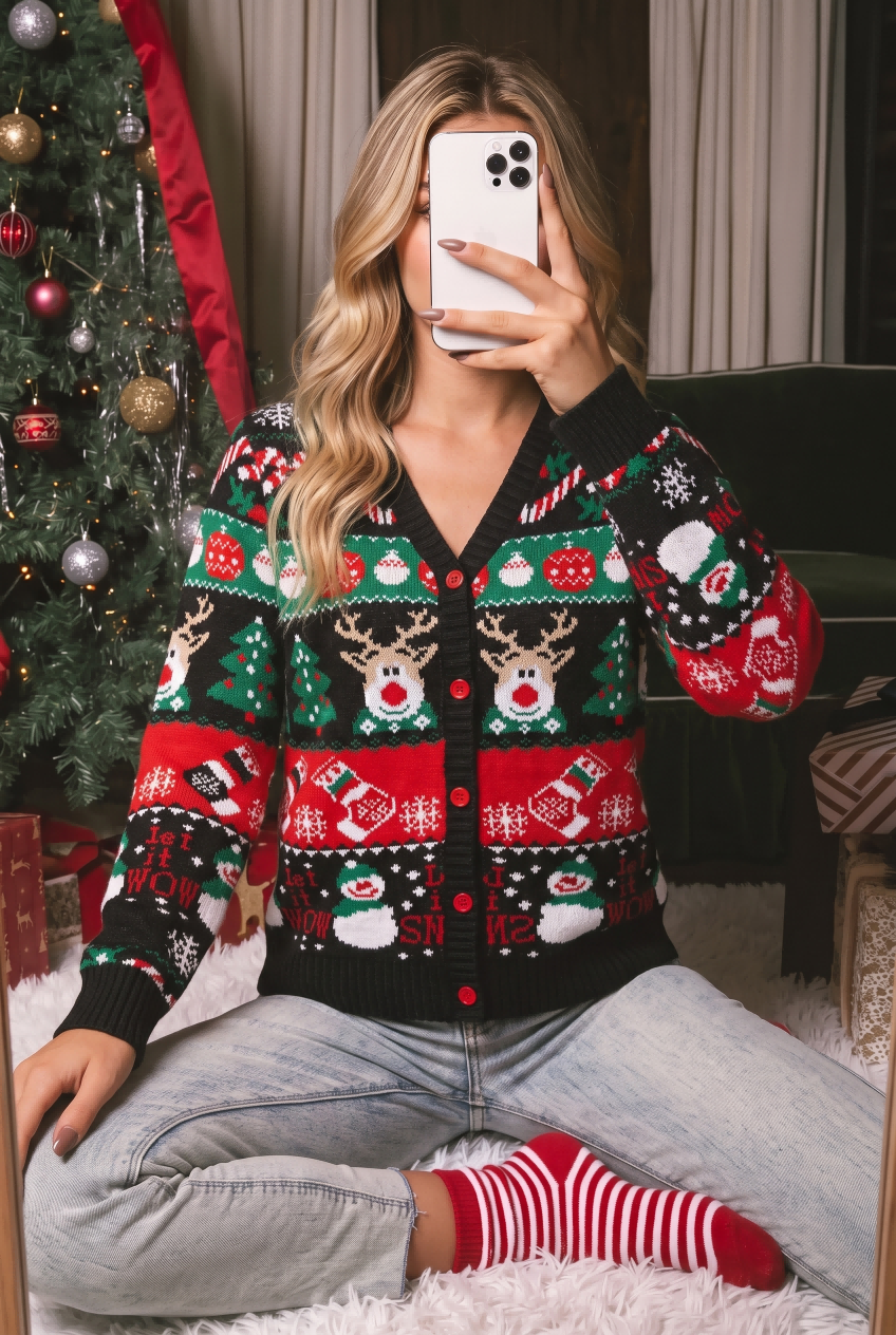 Women Christmas Reindeer Knit Cardigan V Neck Long Sleeve Sweater Coat