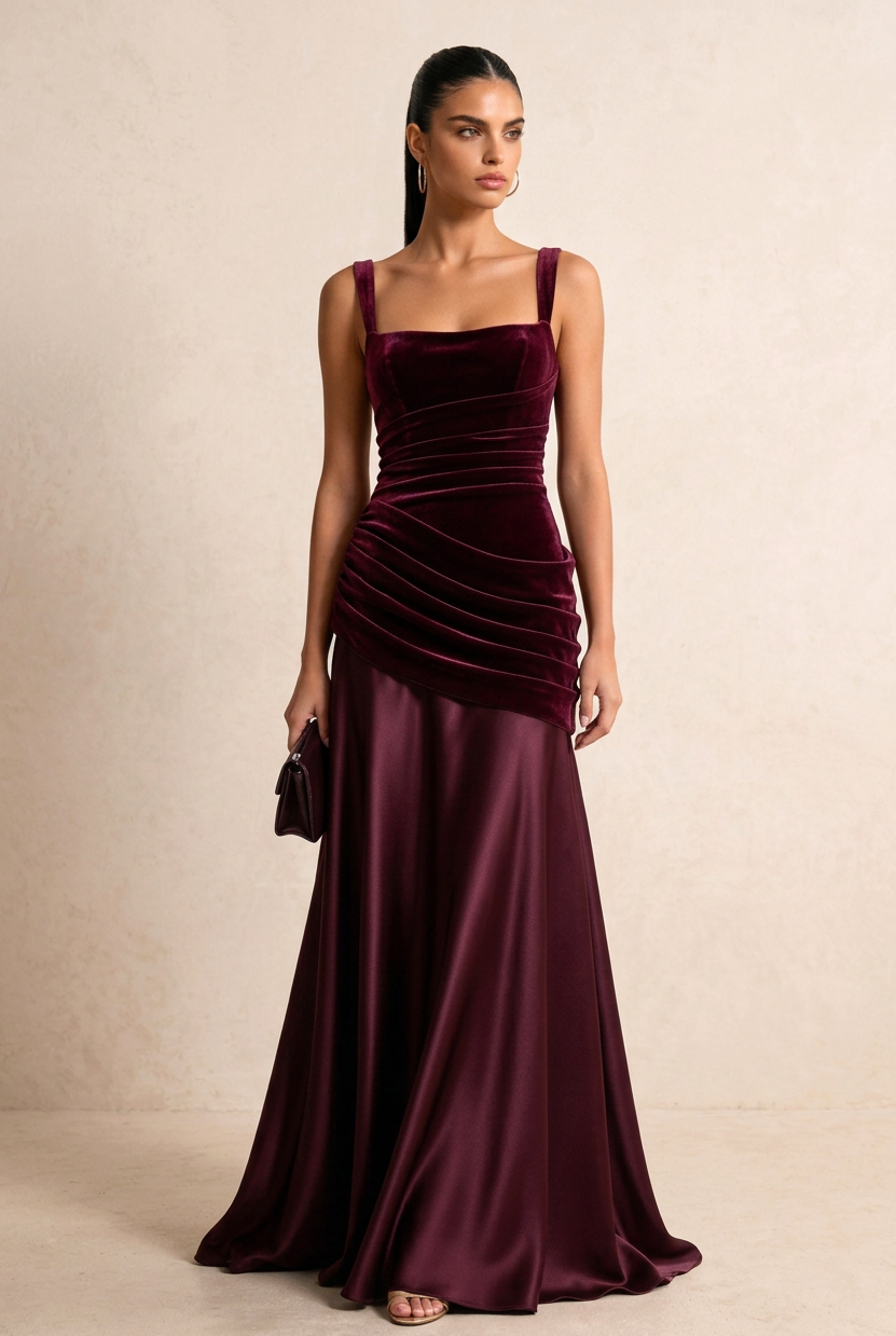 Burgundy Velvet Satin Mix Maxi Evening Dress