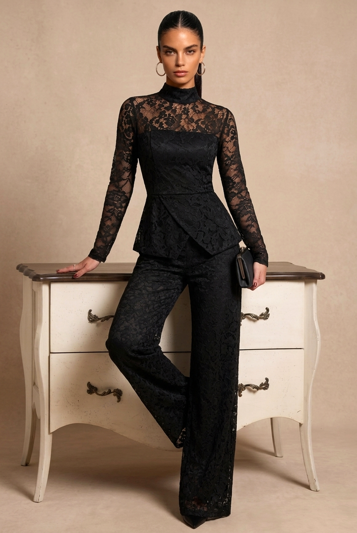 Elegant Floral Lace Long Sleeve High Neck Jumpsuit