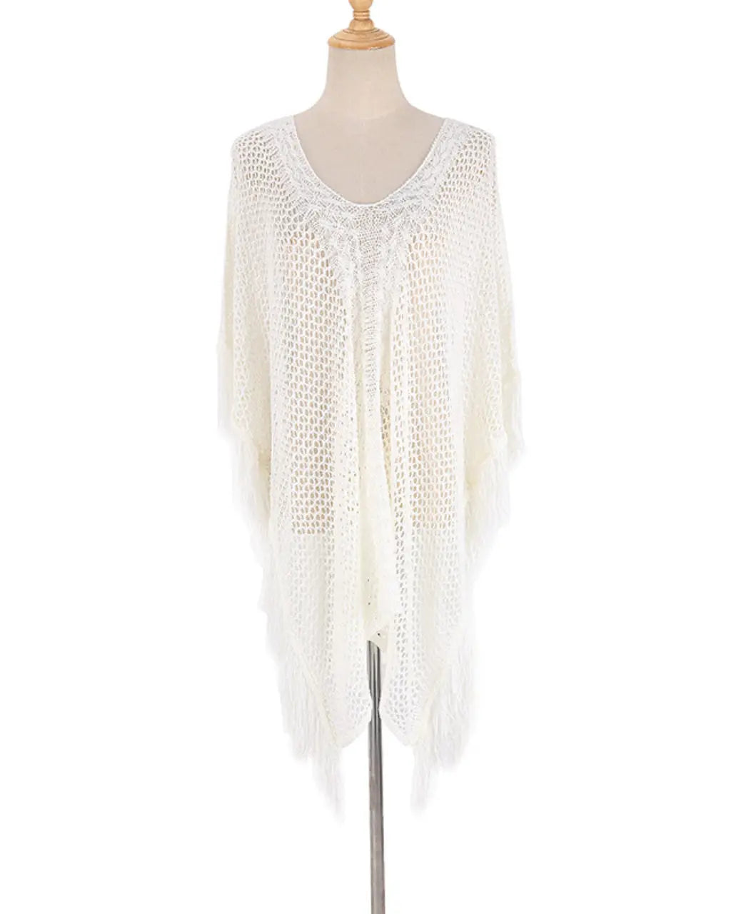 SOLACE  White Crochet Knit Fringed Poncho Beach Cover Up 