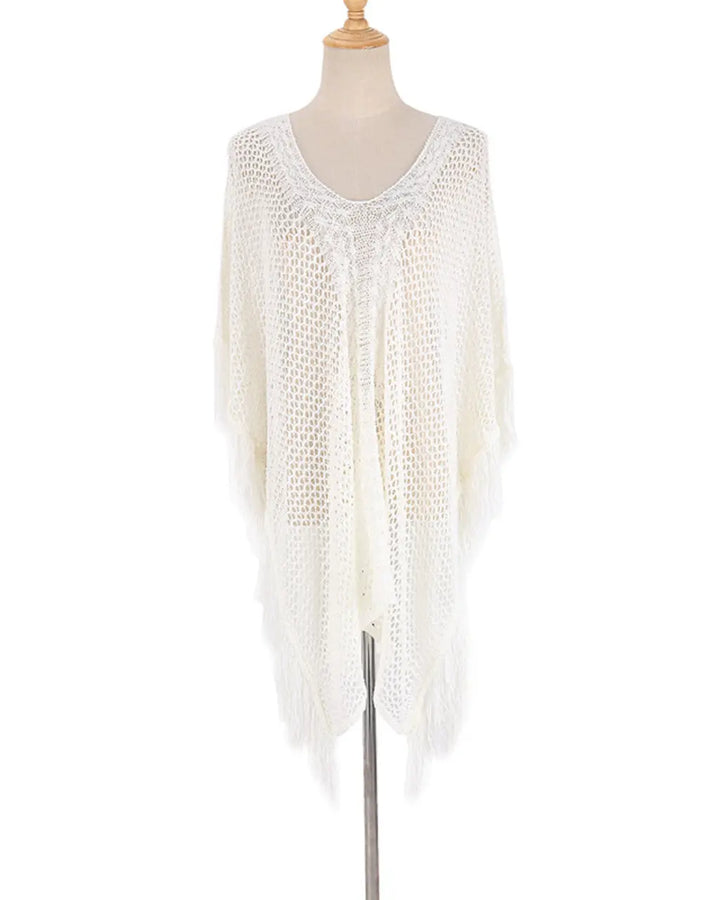 SOLACE  White Crochet Knit Fringed Poncho Beach Cover Up 
