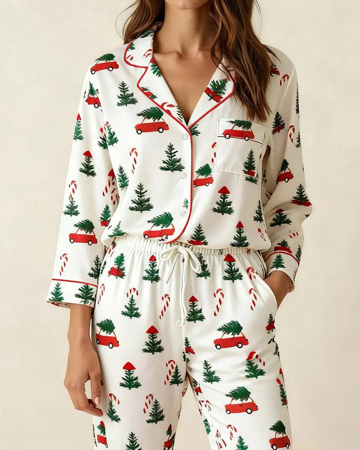 SOLACE CHICChristmas Tree Car Print Pajamas Set