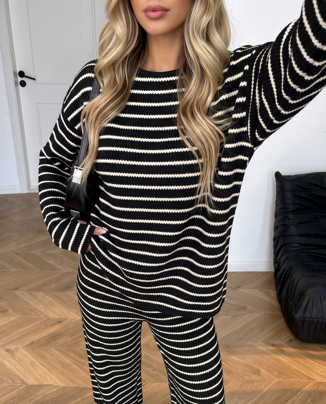 Striped Long Sleeve Loose Wide Leg Two Piece Set