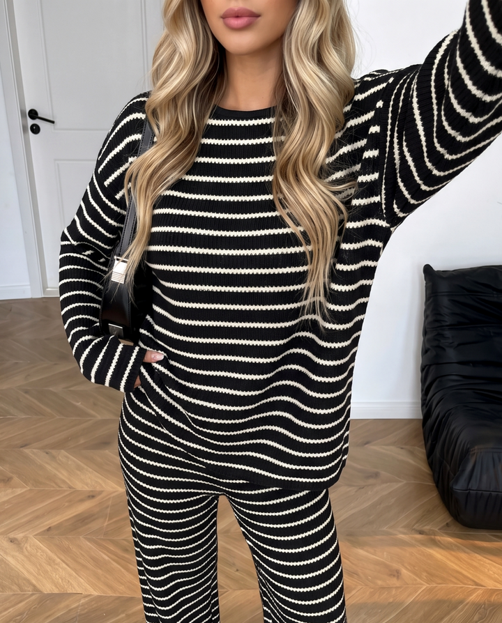 Striped Long Sleeve Loose Wide Leg Two Piece Set