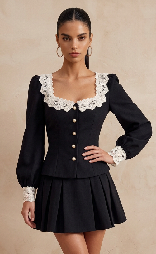 Black Lace Trim U-Neck Pearl Button Two Piece Skirt Set