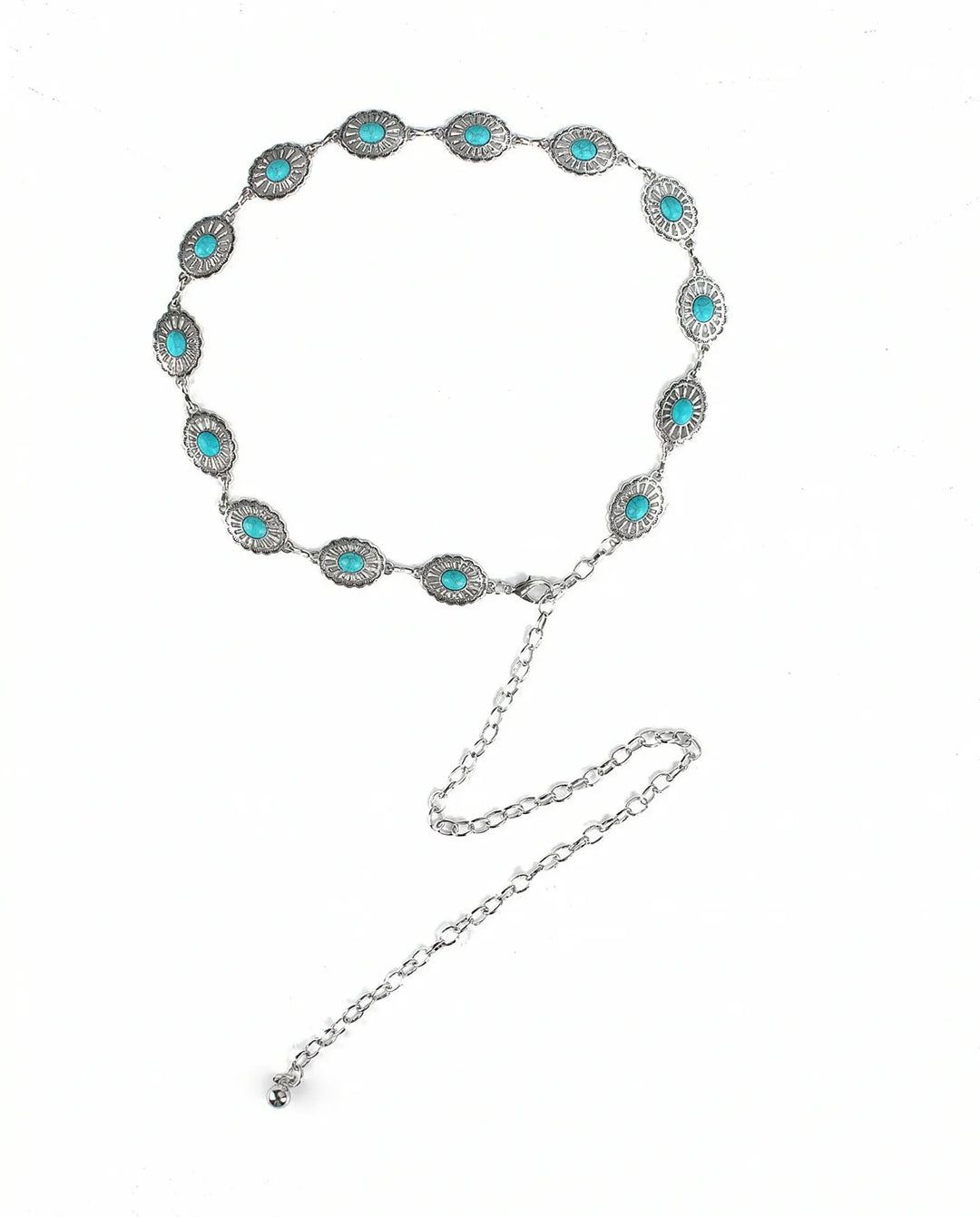 SOLACE  Silver Tone Metal Turquoise Inlay Western Style Waist Chain Belt 