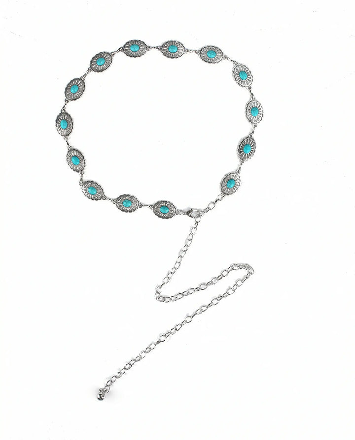 SOLACE  Silver Tone Metal Turquoise Inlay Western Style Waist Chain Belt 