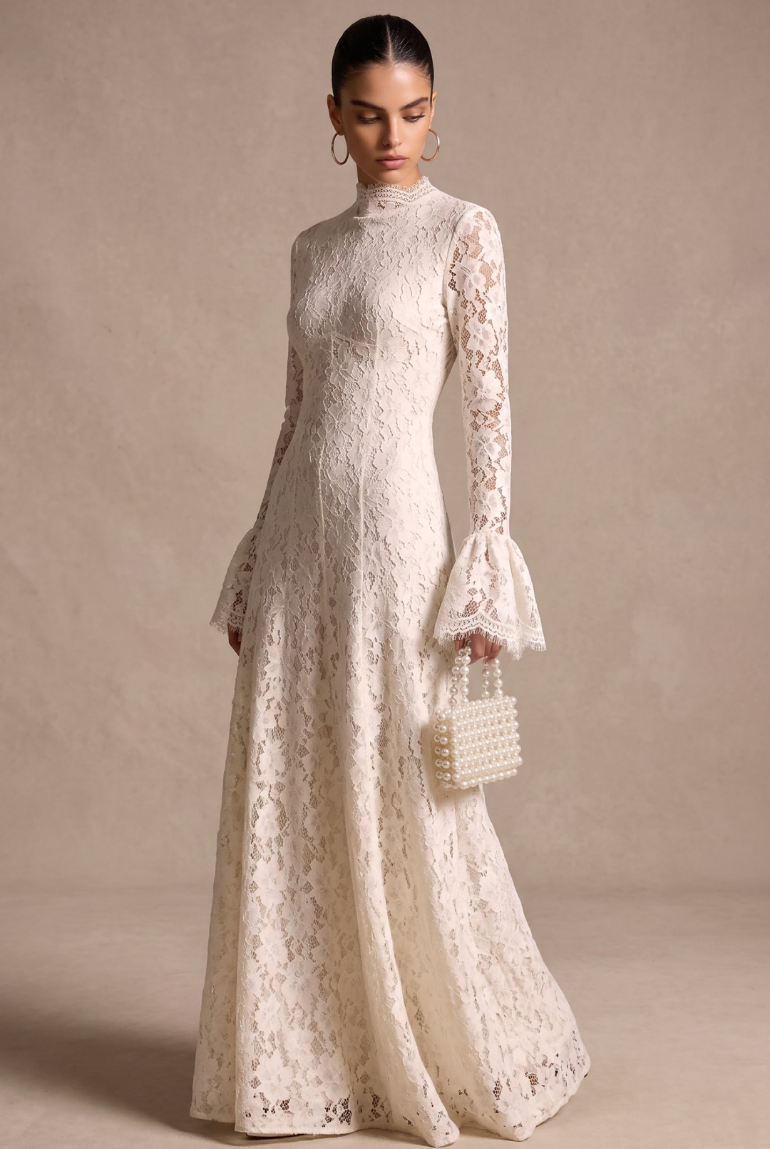 SOLACEFloral Lace High Neck Flare Sleeve Maxi Dress