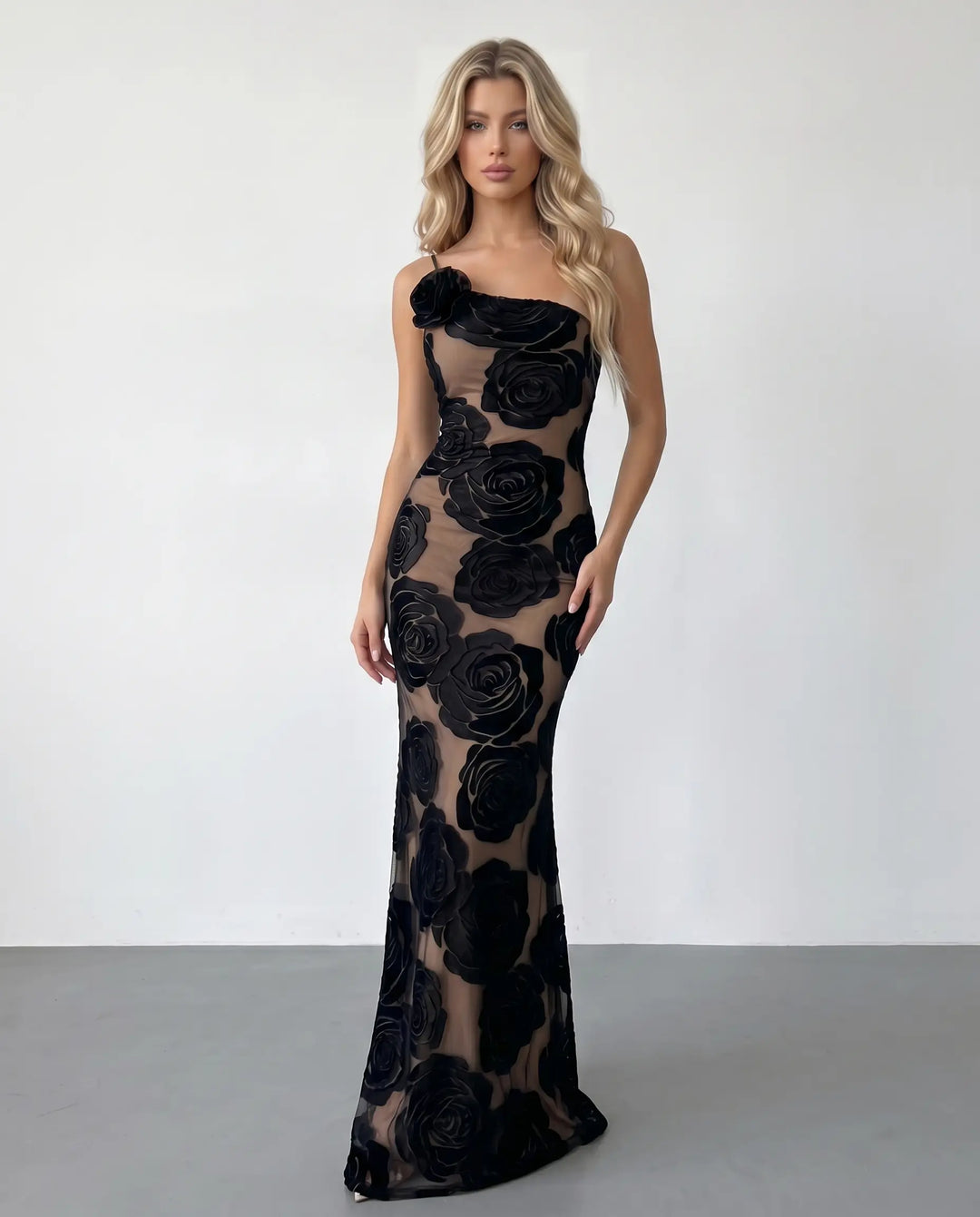 SOLACE  Black Floral Applique One Shoulder Mesh Mermaid Maxi Dress 