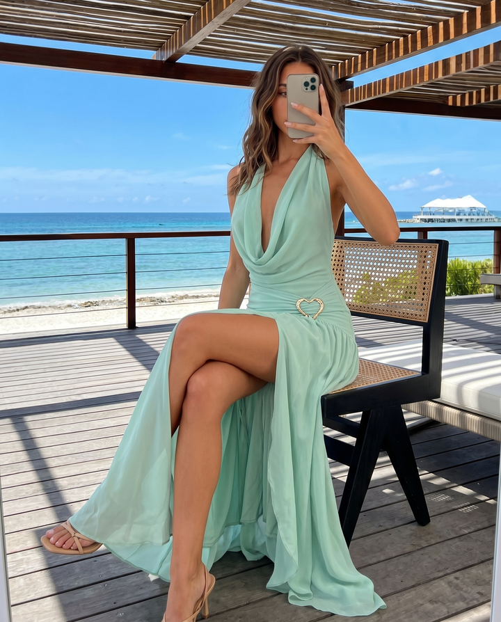 Mint Green Halter Cowl Neck Heart Buckle Maxi Dress