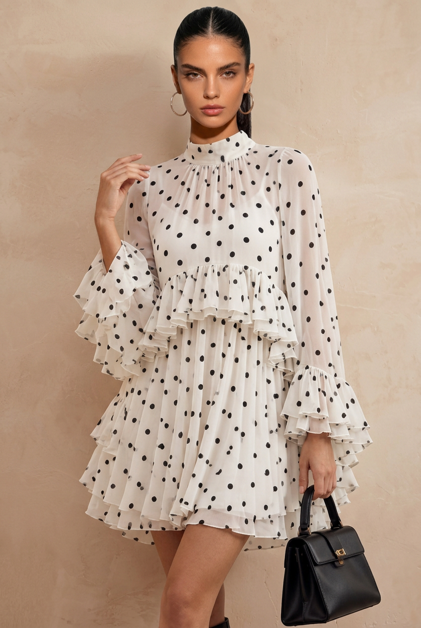 Elegant Long Sleeve Polka Dot Tiered Ruffle Dress