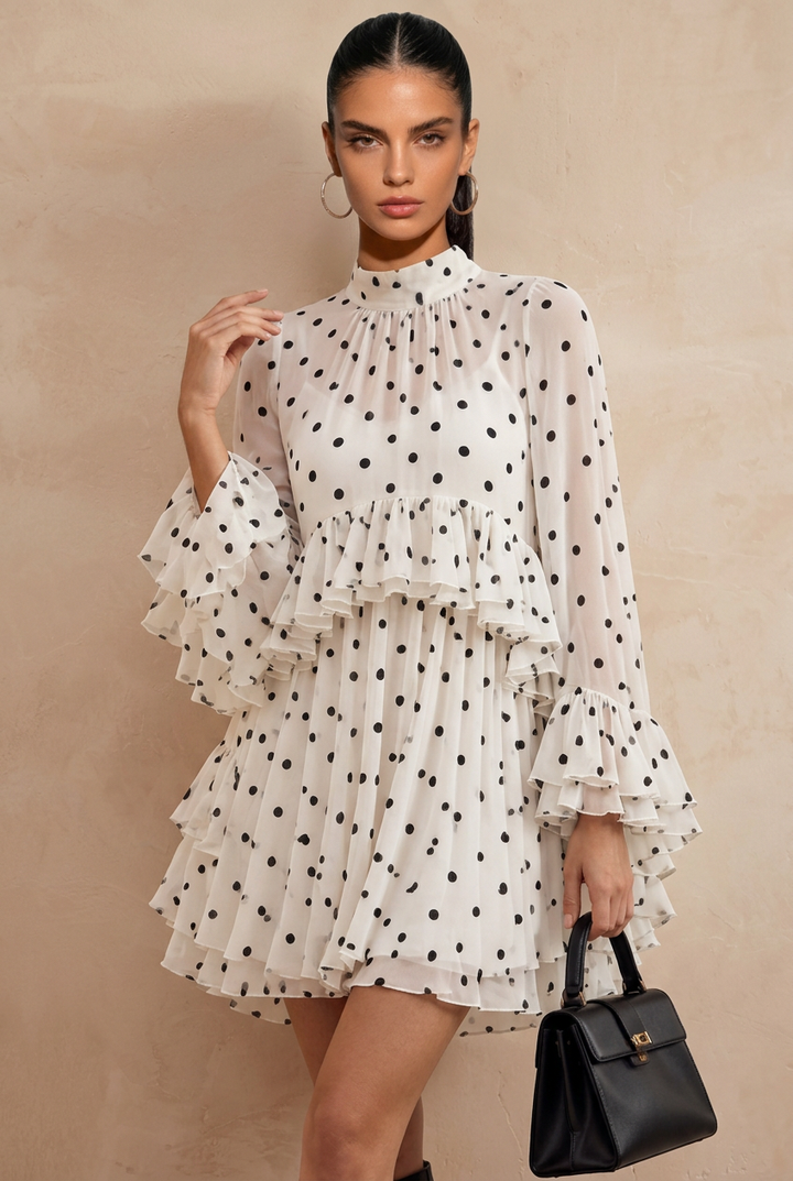 Elegant Long Sleeve Polka Dot Tiered Ruffle Dress