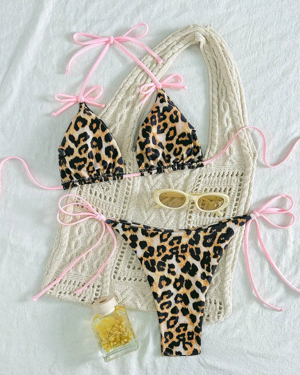 Leopard Print Halter Pink Tie-Accent Bikini Set SOLACE