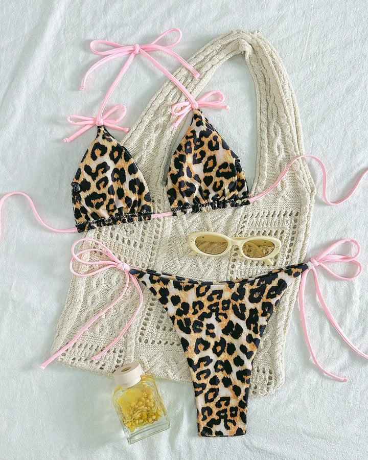 Leopard Print Halter Pink Tie-Accent Bikini Set SOLACE