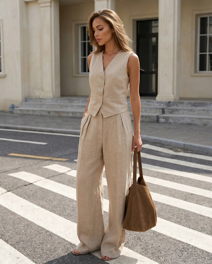 SOLACE  Beige Linen Blend Waistcoat Wide Leg Pants Set 