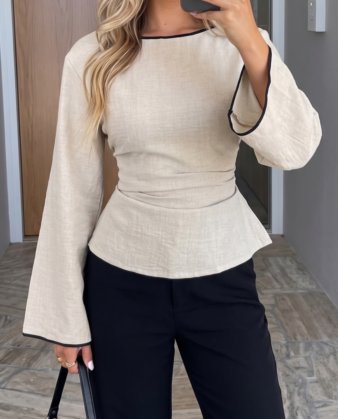 Contrast Trim Flare Sleeve Lace Up Back Blouse