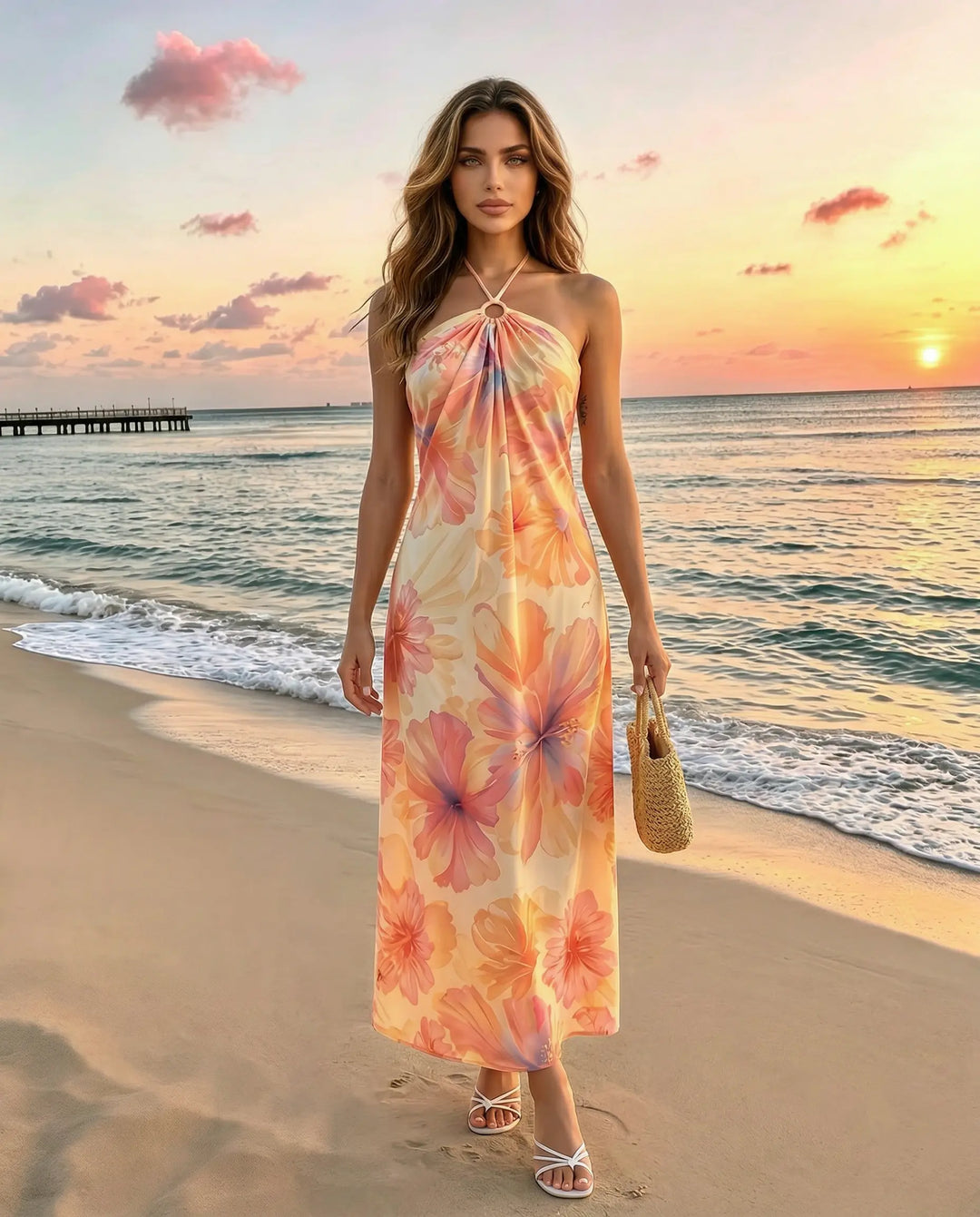 SOLACE  Orange Pastel Floral Print Halter Maxi Dress 