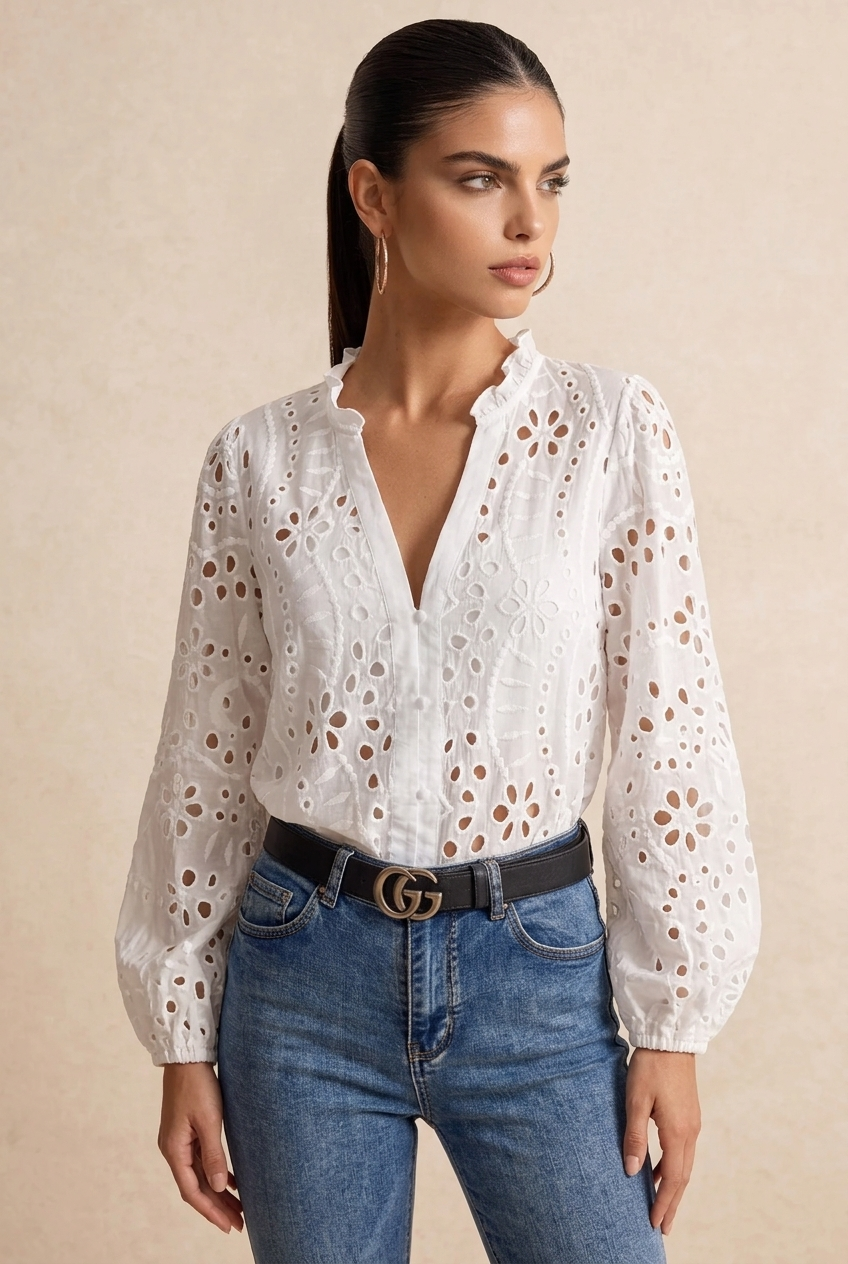 Eyelet Embroidered V Neck Long Sleeve Blouse