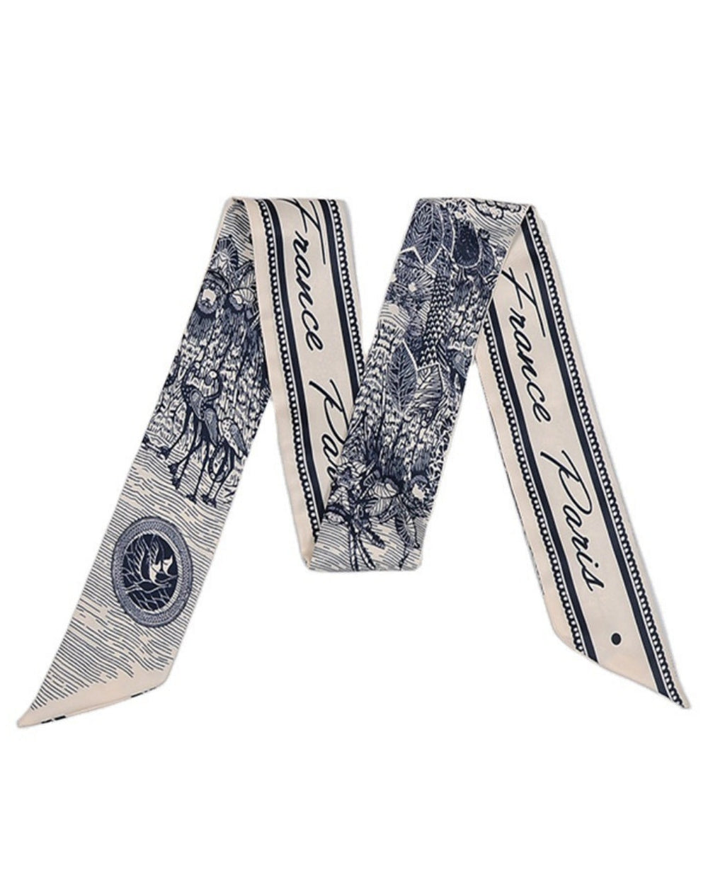SOLACE  Navy Blue Toile De Jouy Paris France Print Skinny Vintage Scarf 