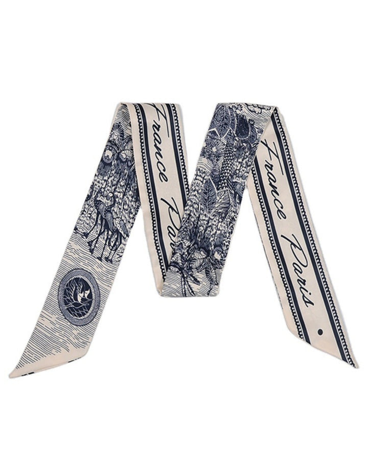 SOLACE  Navy Blue Toile De Jouy Paris France Print Skinny Vintage Scarf 
