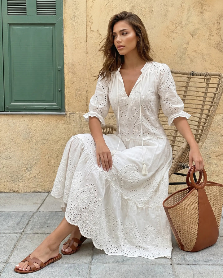 SOLACE  White Eyelet Embroidery V-Neck Tiered Midi Dress 