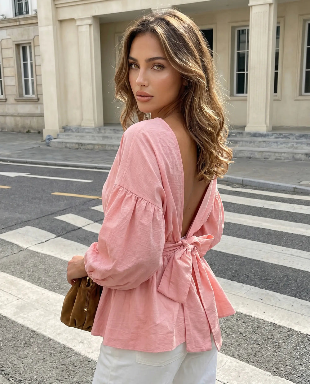SOLACE  Pink Puff Sleeve Bow Back Peplum Blouse 