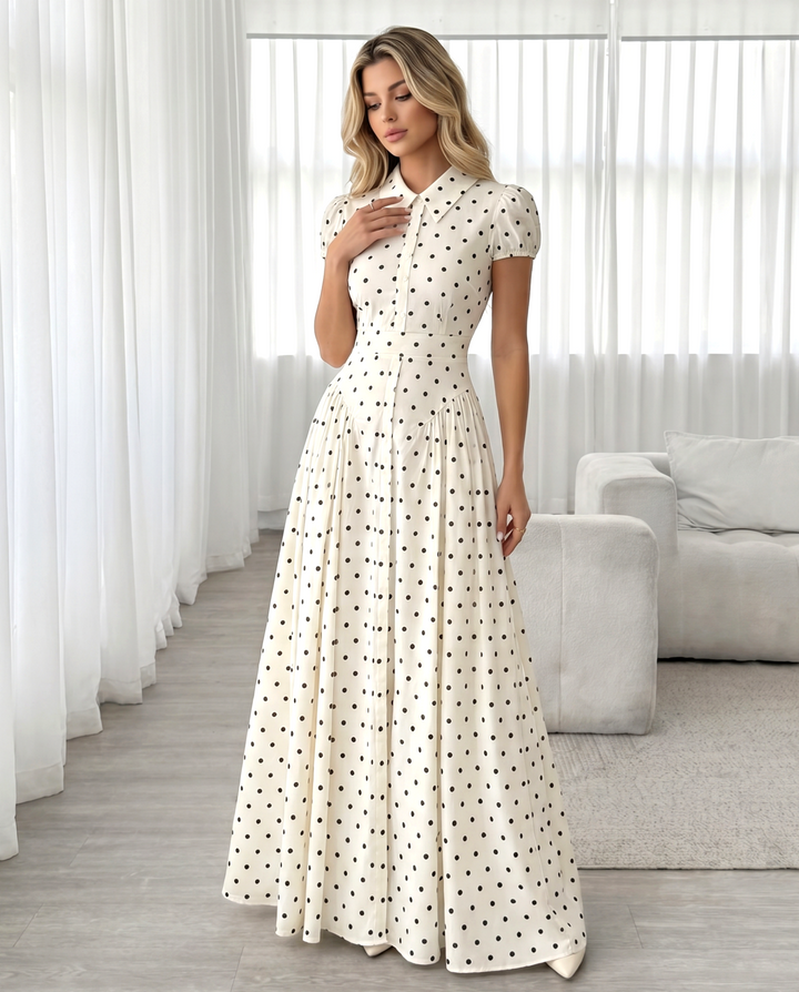 SOLACE  White Polka Dot Puff Short Sleeve Shirt Maxi Dress 