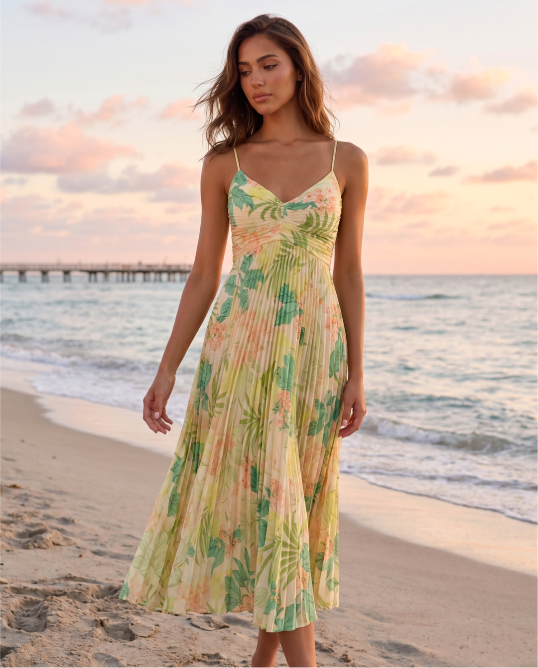 Green Tropical Floral Ruched V Neck Pleated Midi Dress
