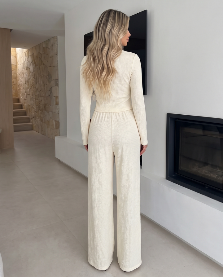 Elegant Solid Textured Long Sleeve Matching Pant Set