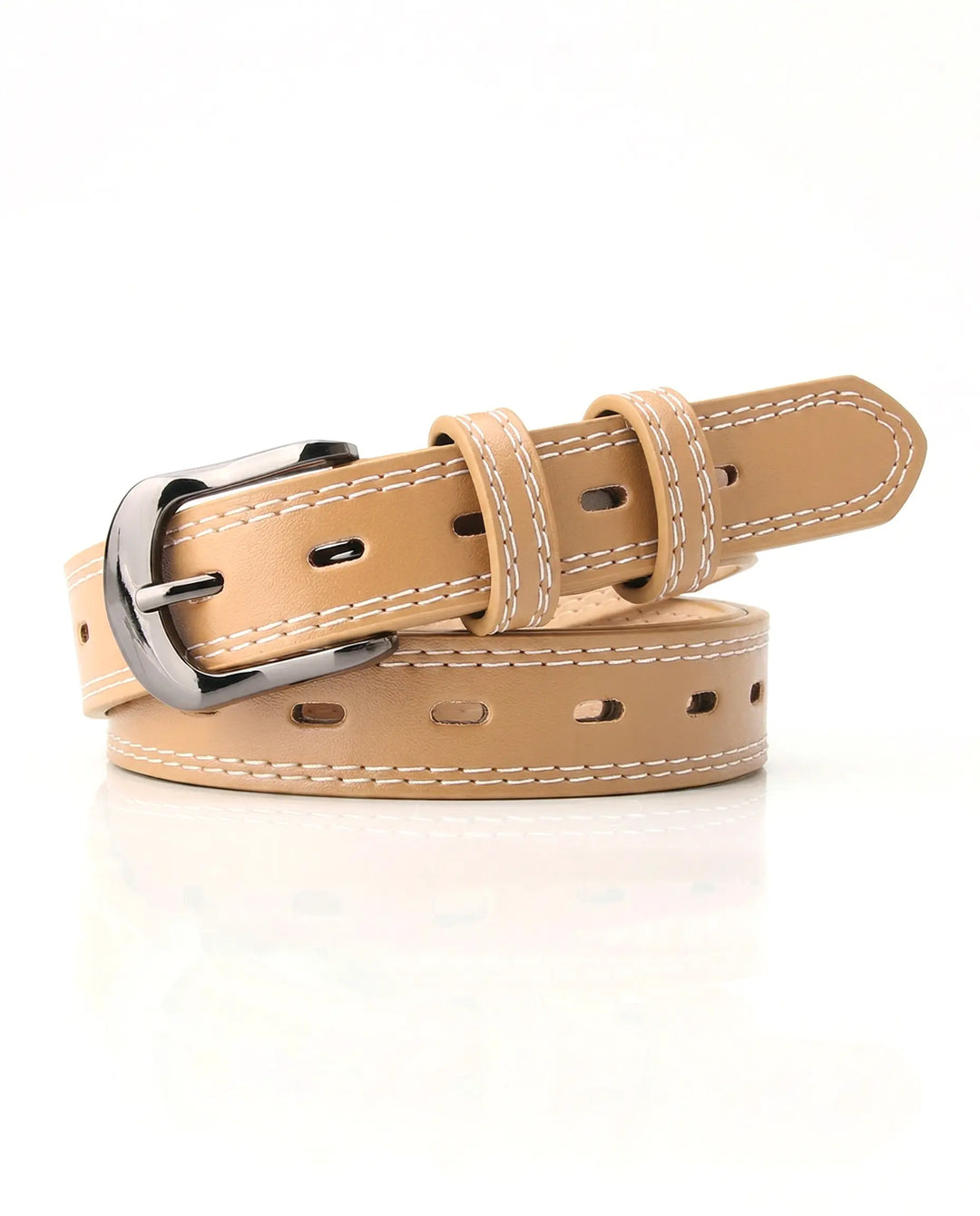 SOLACE  Khaki PU Leather White Stitching Gunmetal Buckle Casual Belt 