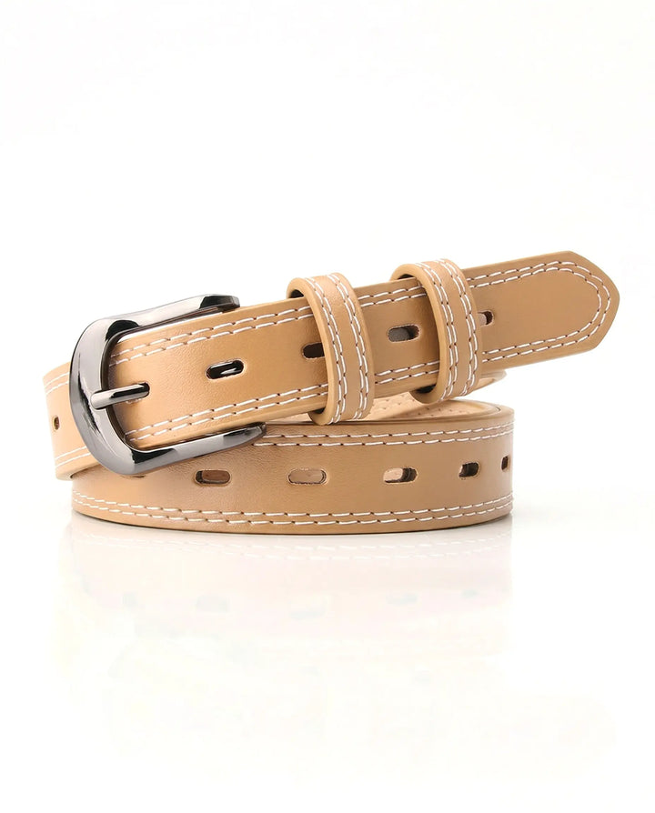 SOLACE  Khaki PU Leather White Stitching Gunmetal Buckle Casual Belt 