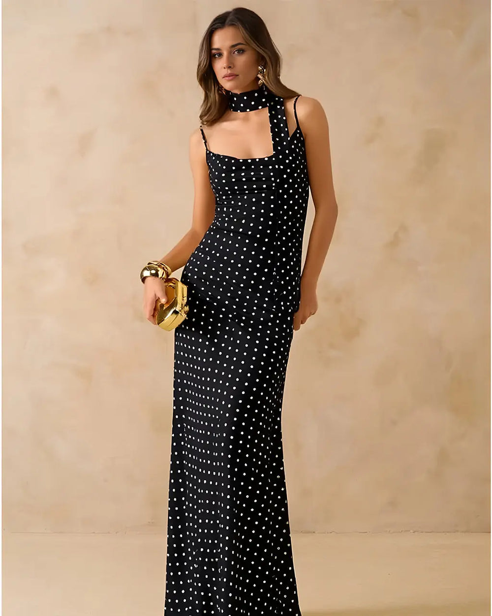 Black Polka Dot Cowl Neck Slip Maxi Dress SOLACE