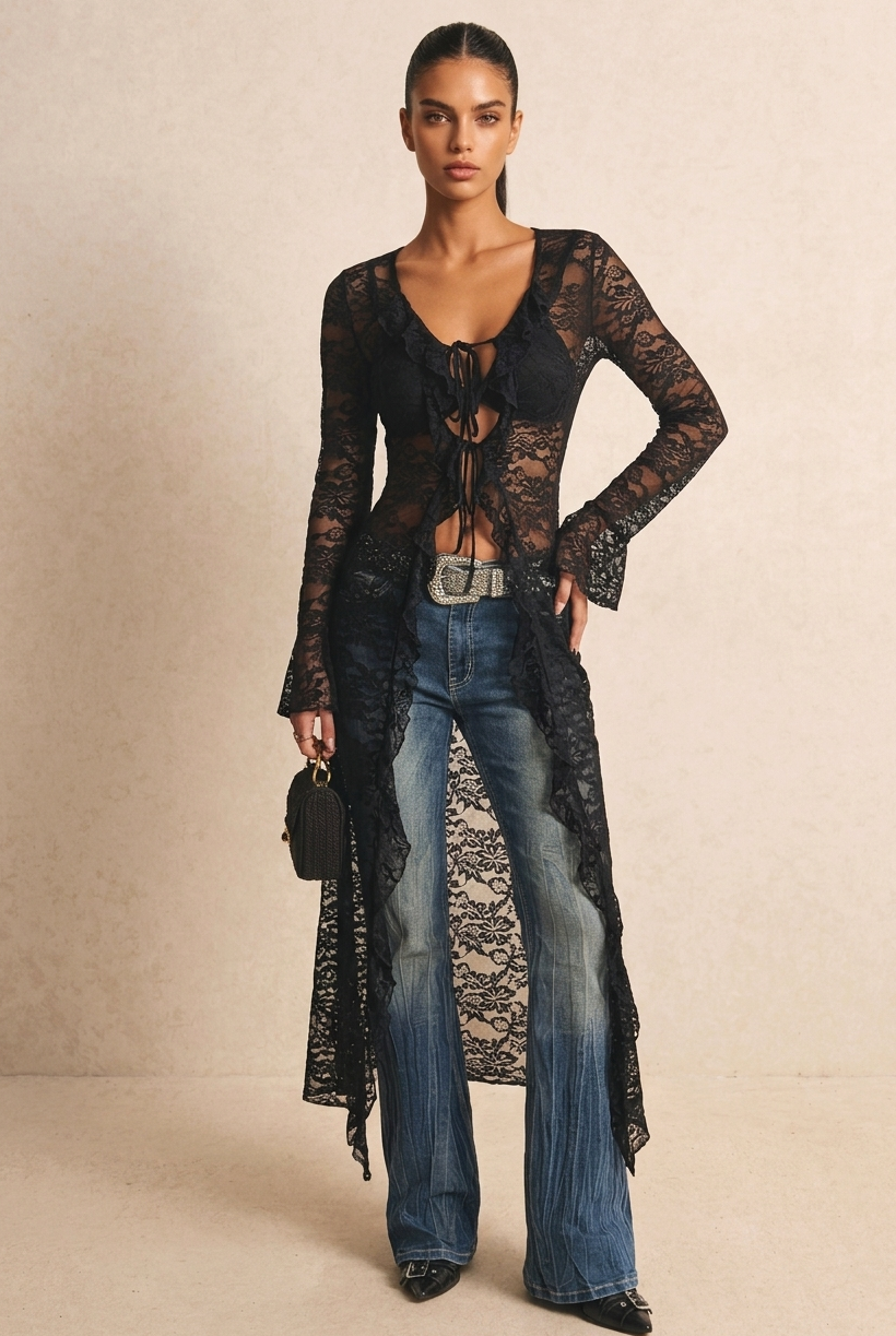 Sheer Black Lace Long Cardigan