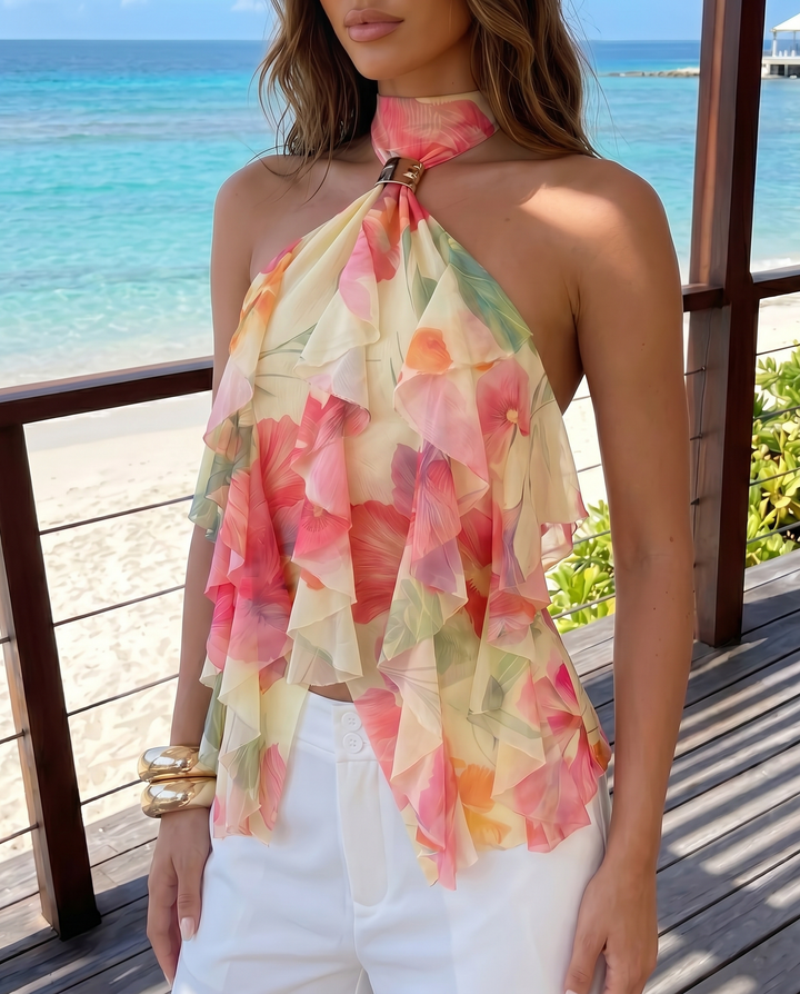 Yellow Pink Floral Print Metal Buckle Halter Ruffle Tank Top