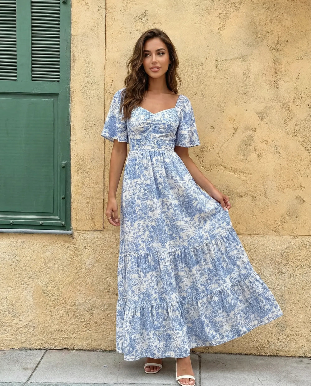 SOLACE  Blue Toile De Jouy Print Puff Sleeve Tiered Maxi Dress 