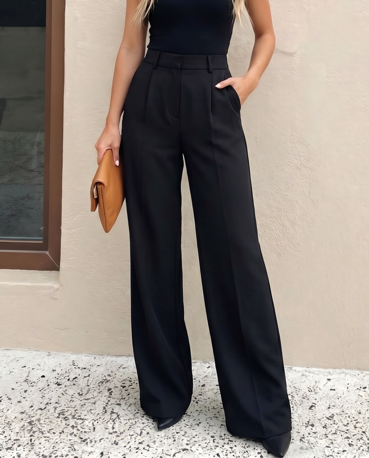 Black High Waist Double Pleat Tailored Wide Leg Suit Pants