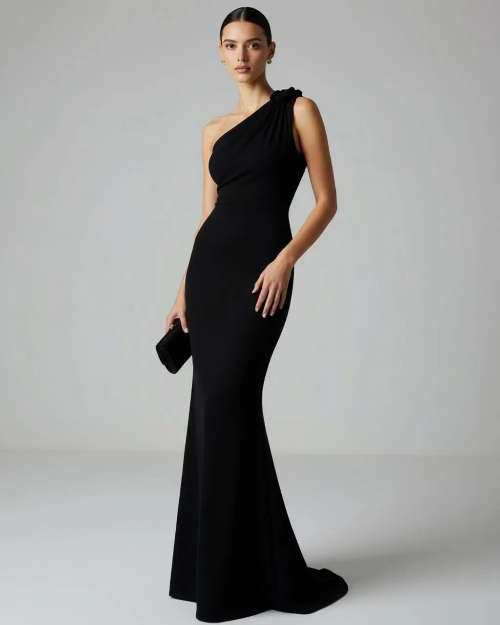 SOLACE  Black One-Shoulder Draped Slim-Fit Long Gown Maxi Dress 