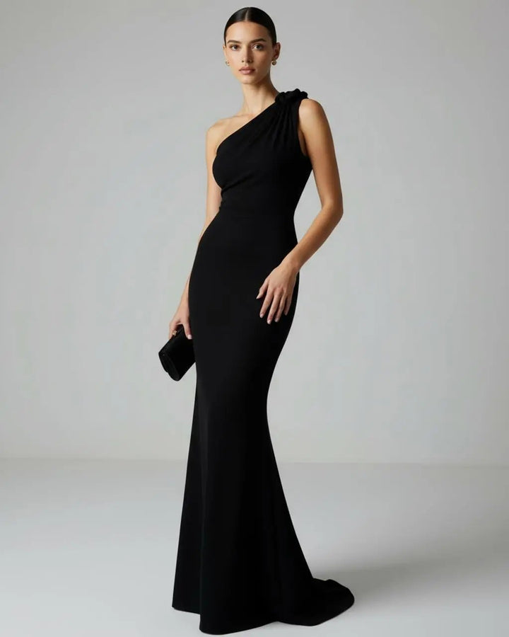 SOLACE  Black One-Shoulder Draped Slim-Fit Long Gown Maxi Dress 