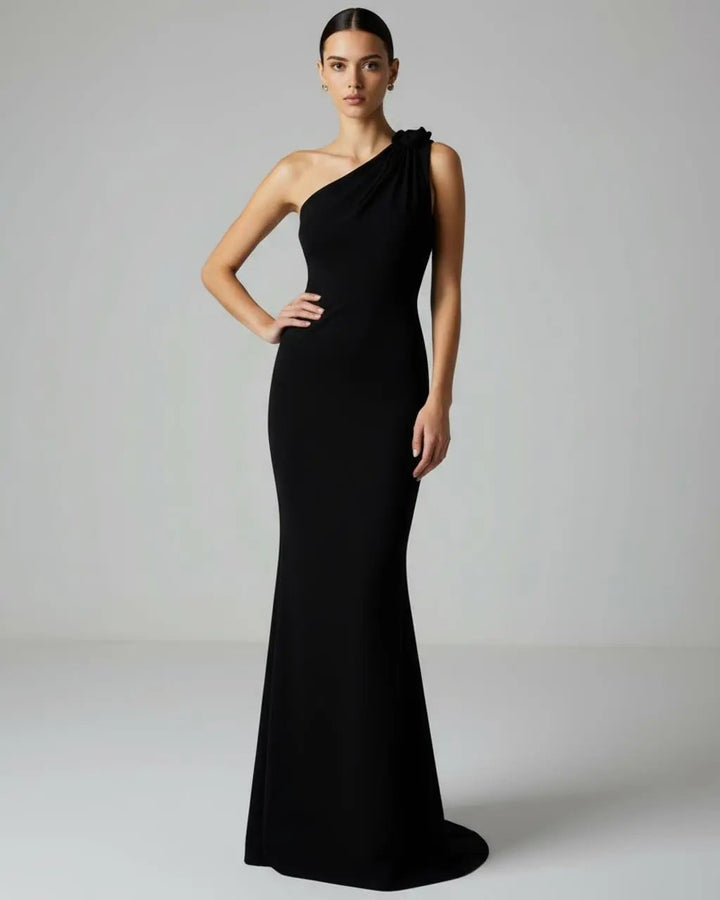 SOLACE  Black One-Shoulder Draped Slim-Fit Long Gown Maxi Dress 