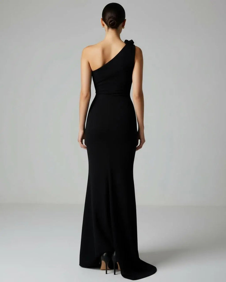 SOLACE  Black One-Shoulder Draped Slim-Fit Long Gown Maxi Dress 