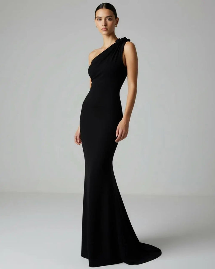 SOLACE  Black One-Shoulder Draped Slim-Fit Long Gown Maxi Dress 